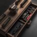 black and silver stapler on brown wooden shelf