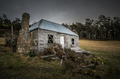 white and brown wooden house near green trees under gray sky during daytime