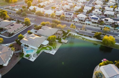 aerial view of resort and houses